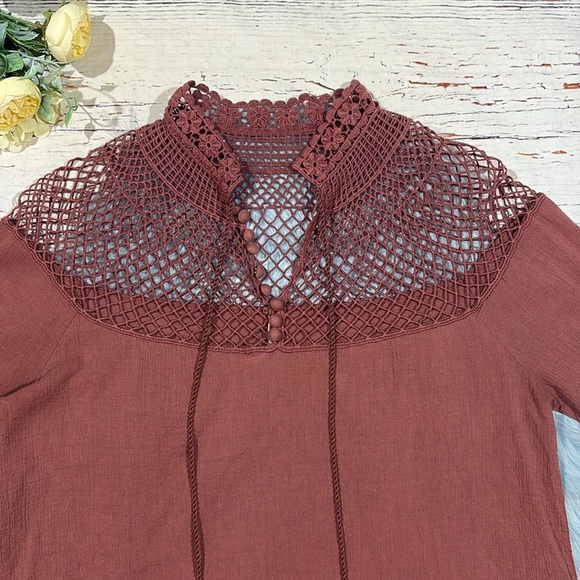 Free People Brown On the Island Crochet Yoke Blouse - Picture 6 of 11